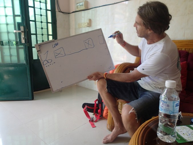 Chalk talk session on the bus/boat/river crossing to Don Det